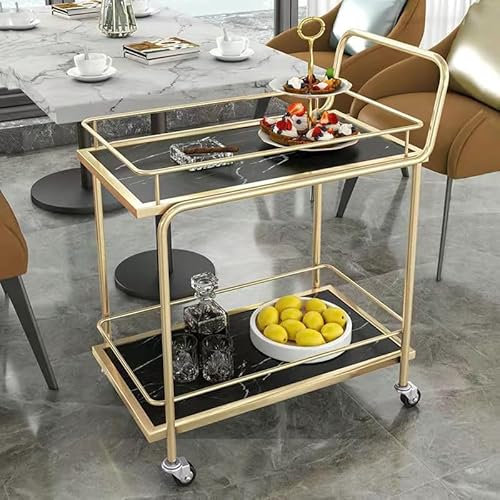 Getränkewagen Gold Barwagen Auf Rädern 2/3-stufiger Servier-barwagen Mit Feststellbaren Rollen Aufbewahrungswagen Für Küche Und Wohnzimmer, Mehrzweckregal Aus Holz Und Metal(Size:2-Tier,Color:Schwarz)