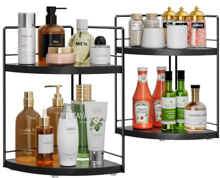 OCPO HOME 2pcs Badezimmer Arbeitsplatten Organizer, Kosmetikorganiser Schwarz, 2 Ebenen Standregal Holz Arbeitsplatte, Eckregal Stehend aus Holz für Küche, Wohnzimmer, Badezimmer, Schminktisch