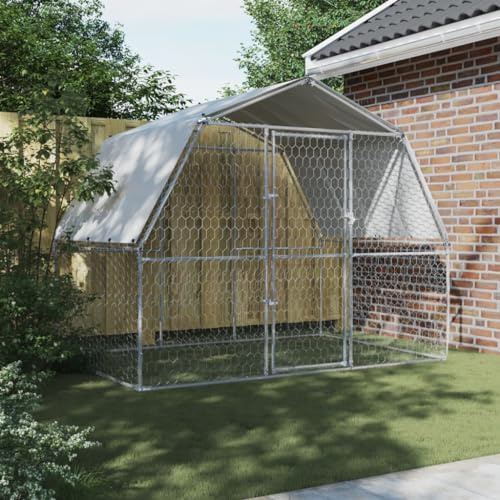 Gecheer kennel, bur, låda, kennel, för hundar, utomhus, med tak, av galvaniserat stål, 285 x 195 x 230 cm, stor hundbur stål, bur för stora hundar, utomhus hundskåp, hundstaket, hundstaket
