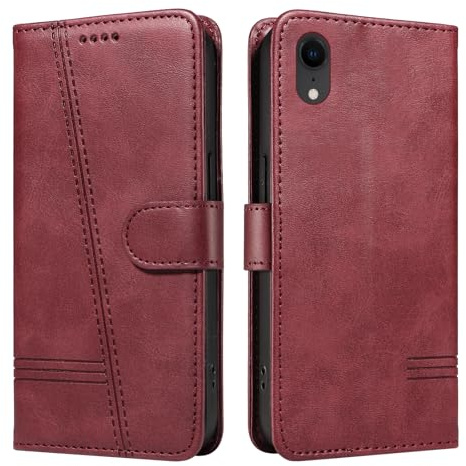 NEXCURIO Handyhülle für Apple iPhone XR Hülle Klappbar mit Kartenfäch Klapphülle Lederhülle Leder Schutzhülle Wallet Flip Case Cover Handy Tasche Handytasche - Weinrot