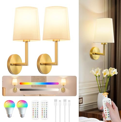 JKEYES Battery Operated Wall Sconces Set of Two, Gold Cordless Wall Sconce with 10000mAh RGB Dimmable Detachable Rechargeable Bulbs, 12 Colors Sconces Wall Decor for Bedroom Living Room Hallway