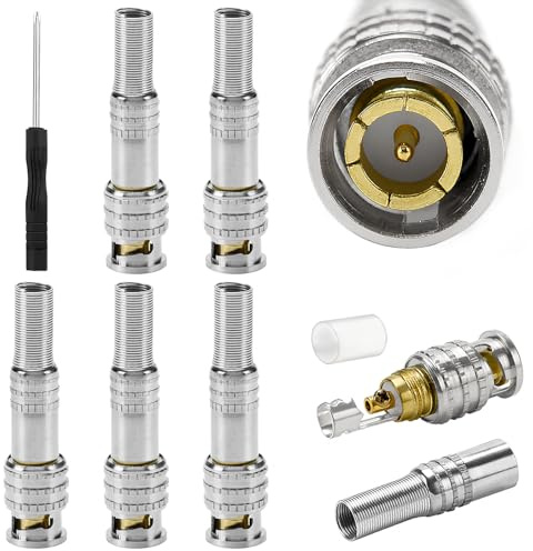 KUOQIY 5 Pezzi Connettori Coassiali BNC Maschio, RG59 RG6 Terminali Coassiali a Vite in Ottone Q9 a Cavo Coassiale RG59, Senza Saldatura BNC Maschio Connettore per Telecamera CCTV, con Cacciavite