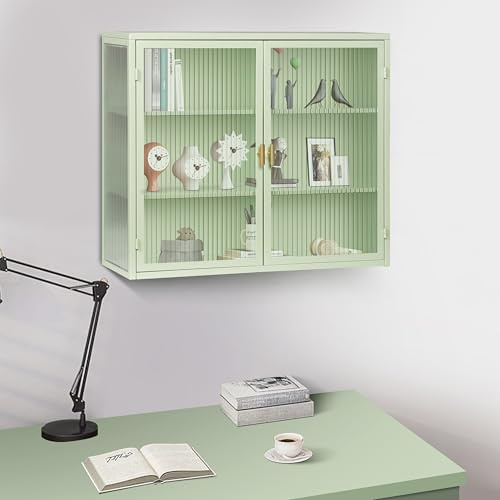 Merax Hängevitrine Glasvitrine Wandschrank Hängeregal Schaukasten, 2 Glastüren, für Esszimmer Küche Wohnzimmer Büro Badezimmer Eingangsbereich, Grün/70x23x60 cm