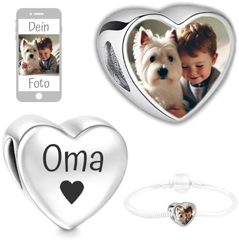 2Burned Personalisierter 1x Schmuck mit Bild, Foto-Charm kompatibel mit europäischem Schlangenarmband, Liebe Herz, Fügen Sie Ihr Bild hinzu, gravierter Text, Familie, Edelstahl