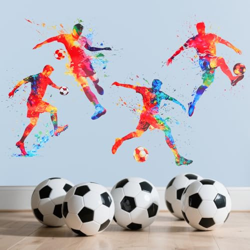 SITAKEGS Fußballspieler Kick Wandaufkleber 4PC 34x40 cm Fußball Wandtattoo | Vinyl Wasserfester Aquarell Stil Fußballer Aufkleber Sportmotiv Wandaufkleber Kunst für Jungen Schlafzimmer Wohnzimmer
