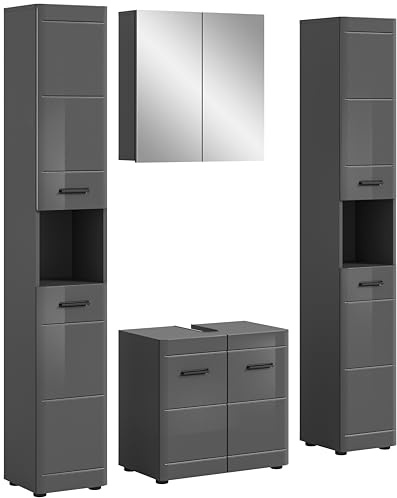 furnling Badmöbel-Set Sofi, Badezimmer-Set 4-teilig, 2 Hochschränke, Spiegelschrank, Waschbeckenunterschrank, Badschränke, Hochglanz Front, Breite 150 cm, grau