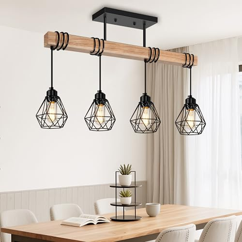 Feanron 4-Lights Farmhouse Wood Kitchen Island Lighting, 23.6'' Dining Room Light Fixtures Chandelier Over Table, Rustic Black Cage Pendant Lights Ceiling Hanging for Pool Table, Living Room, Hallway