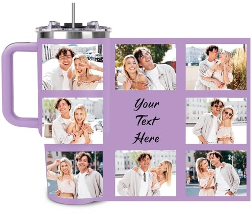 SECOGM Thermobecher Personalisiert mit Bild-Personalisierter Kaffeebecher mit Strohhalm und Deckel (8-Fotos)