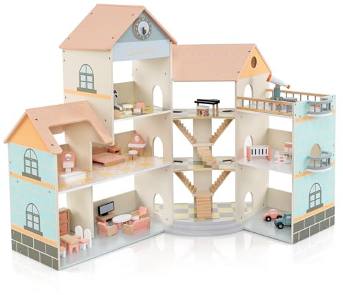 COSTWAY Puppenhaus Holz, Dollhouse 94 cm Hoch mit 41 Möbelstücken und Zubehör, Puppenvilla mit 6 Zimmern & Terrasse & Garage, Puppenstube Geschenk für Kinder ab 3 Jahren
