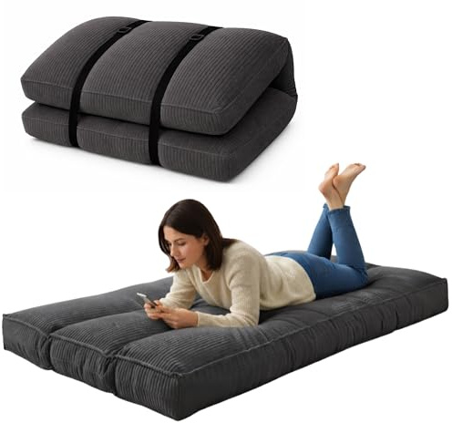 bananair - Futón Japonés Enrollable 1 Persona, Grueso y Cómodo, Fabricado en Francia, Funda Lavable, Cama Plegable de Suelo Práctica – Colchón Plegable, Correa Incluida (90 × 190 cm, Gris Oscuro)