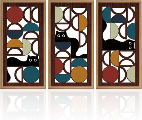 ANHUIB 3Pcs Geometrische Schwarze Katze Wandskulpturen Böhmische Katze Wandkunst Deko Vintage Boho Wandschild Minimalistische Wandkunst für Wohnzimmer Schlafzimmer Flur Abstrakte Wandbild Dekoration