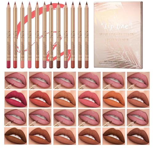 12 Colors Lip Liner Pencil Set, Longwear Matte Liner | Creamy Smooth Waterproof Pen, High Pigment, Natural Makeup