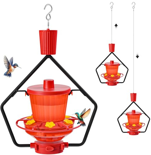 Gomazonle Retractable Hummingbird Feeder, 19oz Top-Fill Wide Mouth with Height Adjustment, UV-Resistant ASA Plastic, 100% Leak-Proof Base& Dishwasher Safe Feeders for Outdoor Hanging, Red