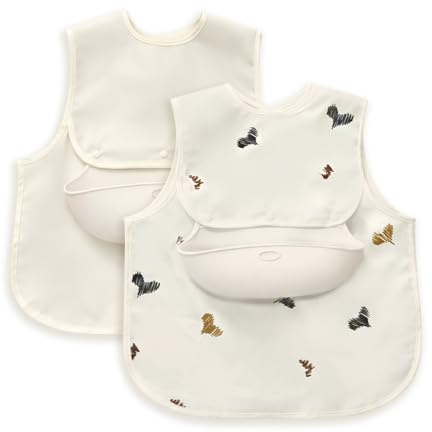 Cococu Baby Bibs for Eating,Baby Smock bib with Silicone Catcher, Waterproof Baby Bib Shirt, Baby Feeding Bib for boys & girls, Easy Clean, 6-24M(Beige Love)