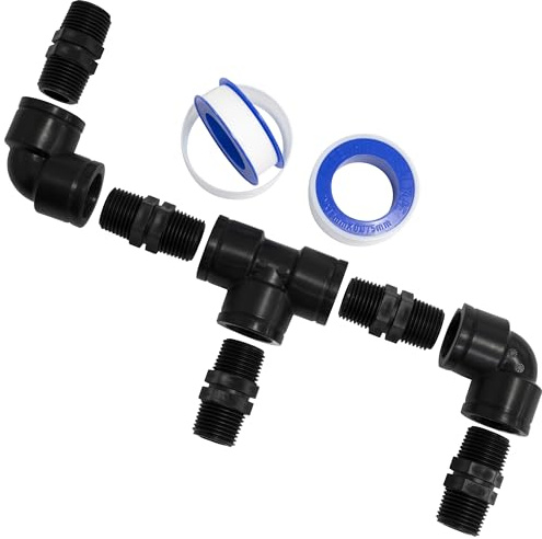 AERZETIX Kit de conexión de 3 vías 1/2 en plástico / 5 niples iguales / 1 racor en T / 2 codos 90° / 2 rollos de cinta PTFE 10 m