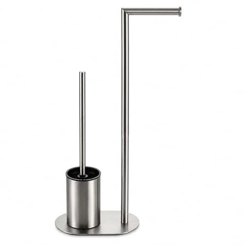 Piantana Bagno Portarotolo e Scopino WC da Terra in Acciaio Inox Spazzolato, Porta Carta Igienica Salvaspazio con Scopino per Bagno Moderno, Supporto Autoportante per Toilette