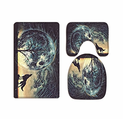 A.Monamour Badezimmer Badematte 3 Teilig Set Wolf Brüllen An Der Runden Baumkugel Blau Ozean Kreative Muster Toilettenhaube Deckt Flanell Saugfähig Badteppiche Badvorleger Badgarnitur WC Vorleger