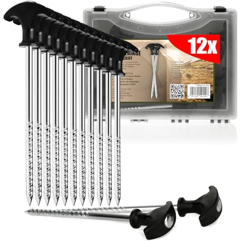 com-four® 12x Zelt-Heringe aus Stahl, robuste Erdnägel mit Gewinde | ideal für normalen und harten Boden mit T-Griff