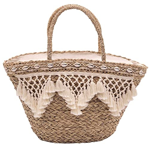 Julesmar Geflochtene Korbtasche Ibiza mit Quasten und Muscheln/XXL Strohtasche/Basttasche/Strandtasche Groß mit Reißverschluss - Boho Chic