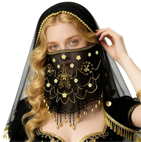 Baisdan Bauchtanz Gesichtsschleier mit Perlen und Pailletten Ideal für Bauchtanz, Halloween, Karneval und Cosplay Kostüm Accessoire