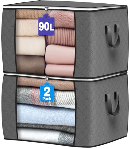 Budding Joy 90L Aufbewahrungstasche Groß, Faltbare Unterbett 2 Stück, Grau | Aufbewahrungsbox mit Deckel Große, Kleider Aufbewahrung Umzugskartons, Kleiderschrank für Kleidung Bettdecken und Bettwäsche