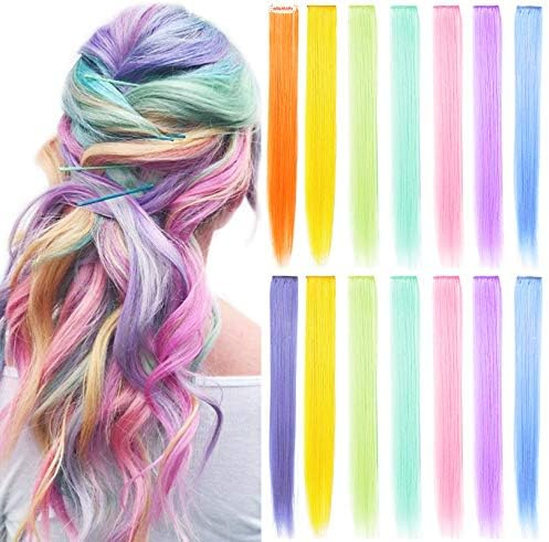 MOSCSMDY 14-Stücke Farbige Haarverlängerungen Clip 20 Zoll Bunt in Haarverlängerungen Gerade Synthetische Haarteile für Cosplay Mode Party Haarzubehör (Mehrfarbige) | Farbige Party-Highlights, Synthetik, mehrere Farben