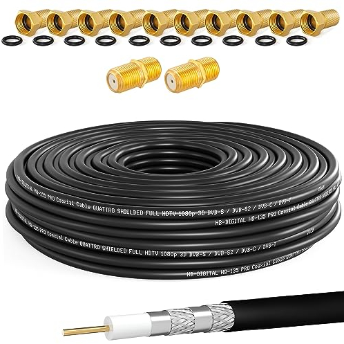 HB-DIGITAL Câble coaxial SAT HQ135 PRO de 30 m avec 2 connecteurs F + 10 fiches F plaquées or - Câble d'antenne satellite quadruple blindage pour installations DVB-S/S2 DVB-C/C2 DVB-T/T2 DAB + radio
