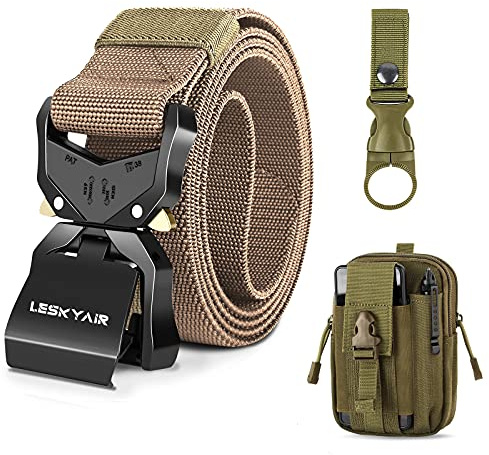 Leskyair Herren Taktischer Gürtel, Arbeitsgürtel Hochleistungsgürtel 1,5-Zoll, Militärstil Schnellverschluss Metallschnalle 38MM Breite, Geschenk mit Taktischem Molle Tasche und Wasserflaschenclip