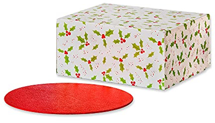 Anniversary House 10-Inch Christmas Cake Box with Holly Print – Festive Gift Packaging with Cake Board – For Cakes, Cookies, Brownies & Treats – 12.7 x 26 x 26cm