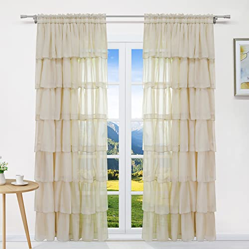 Joyswahl Voile Gardine mit Romantischen Rüschen Design transparenter Vorhange mit Viele Fach schön Dekoschal mit Tunnelzug Sand BxH 140x245cm 1 Stück