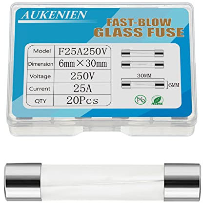AUKENIEN 25A 250V 6x30MM Fusible Verre 25 Ampère Fusibles en Verre à Fusion Rapide pour Électroménager