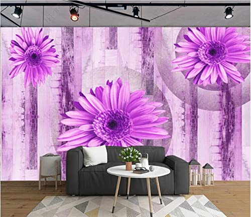 Fototapete 3D Effekt Vlies Tapete Wallpaper Wanddeko Wandbilder Lila Schöne Blumen Retro-Kunst Holzplatte Dekoration Hintergrundwand 250x175cm