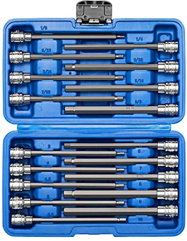 Mayouko 3/8-Zoll-Antrieb Extra Lang Inbus-Sechskant-Bit-Steckschlüssel-Set, S2&CR-V, Metrisch&SAE, 18 Stück, 3-10 mm