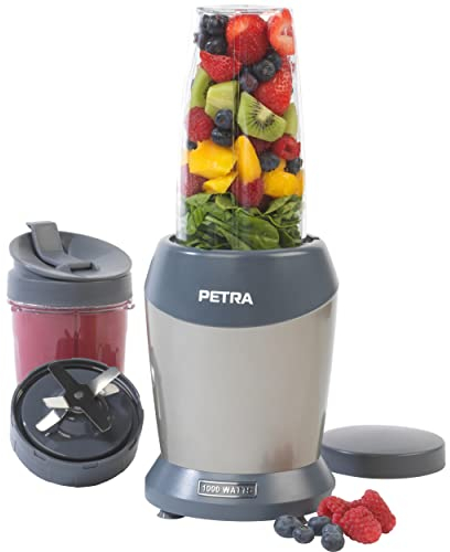 Petra PT2002V4SILVERVDEEU7 NutriMax Mehrzweck-Smoothie-Kaffeemaschine, Saftmixer, 2 Mischbehälter (800 ml/1 l), Trinkverschluss, Aufbewahrungsdeckel inklusive, BPA-frei, Cocktailmischer, 1000W