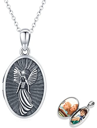 Collier Médaillon Ange Gardien en Argent Sterling 925 - Pendentif Photo Marie Jésus Amulette - Bijoux Personnalisé S'ouvre pour Photos - pour Famille, Femmes, Hommes, Filles
