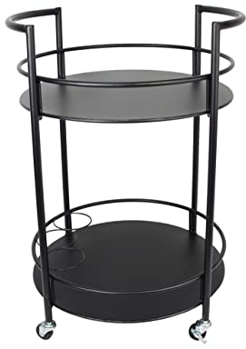 FRANK FLECHTWAREN Servierwagen Bar, runde Form, schwarz lackiertes Metall, Zwei Ablageflächen, DREI Flaschenhalterungen, Schwarze Kunststoffrollen, Maße: Ø 46 cm, GH 69 cm