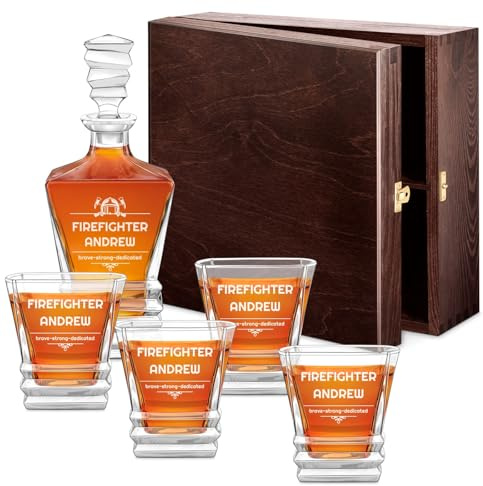 Maverton Engraved Whiskey Set for man, for Whisky Connoisseurs, Firefighter | Elegant Geometric Carafe with 4/6 Glasses for him, Geometric Set with Engraving, Customised Barware for Birthday
