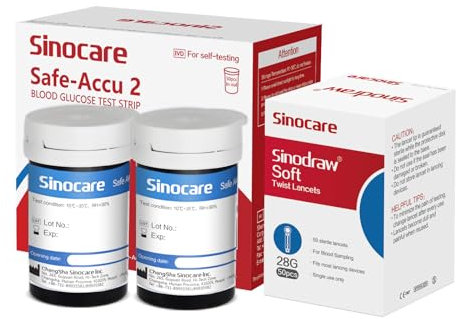 sinocare (Safe Accu2) Blood Sugar Test Strips 50 pcs No Code/ Blood Glucose Test Strips with Lancing Devices x 50 / only for sinocare Safe Accu2 Blood Glucose Monitor