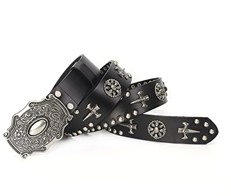 YOPADO Punk Gothic Nietengürtel Totenkopf Prägung Runde Nieten Rindsleder Ledergürtel, 3.8cm Breit Jeansgürtel mit Western Blumen Gravur Schnalle(125cm/waist:43, Black~B)