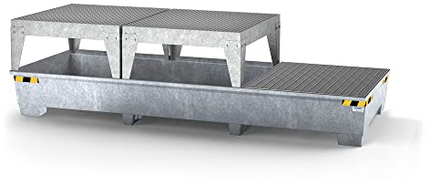 Auffangwanne pro-line aus Stahl für 3 IBC, verzinkt, 2 Abfüllböcke und 1 Gitterrost