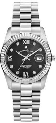 Jacques Du Manoir Inspiration Roman, damer armbandsur kvarts analog, rostfritt stål, 34 mm, rostfritt stål armband, silver, 5 bar, urtavlans färg: Svart, datumvisning, romerska index, JWL01308