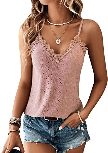 GORGLITTER Top de encaje para mujer, sexy, con encaje, para verano, tops de encaje, top de encaje, top de cami, Gris-Rosa, XL