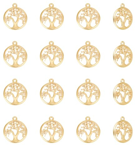 HOBBIESAY 16pcs 18k Plaqué Or Pendentif arbre Métal Amulette Bracelet Collier Boucles d'oreilles Porte-Clés Rond Métal Arbre de Vie Pendentif Bricolage Artisanat Porte-Clés Bracelet Collier