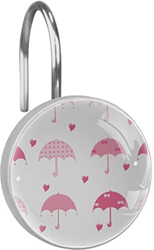 Ganchos de cortina de ducha con paraguas rosa, anillos dobles para cortina de ducha, anillos para cortina de ducha, juego de 12