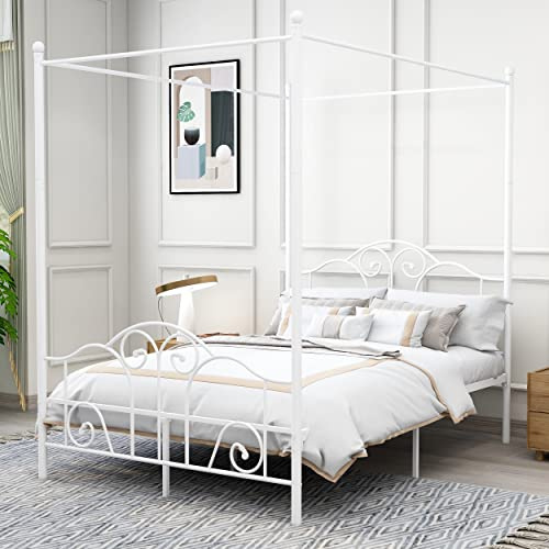 AUFANK Full Size Four-Poster Metal Canopy Bed Frame with Headboard and Footboard Sturdy Slatted Structure No Box Spring Needed White