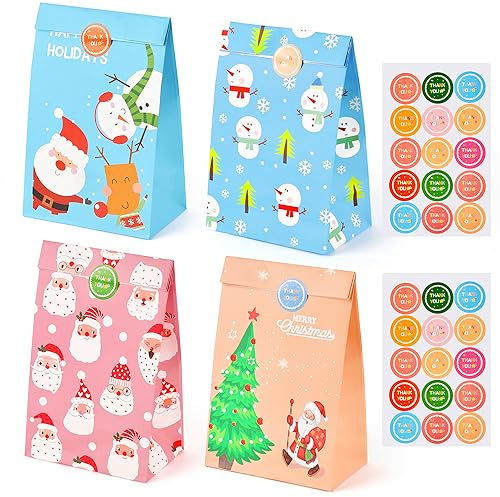 CHEPULA Geschenktüten Weihnachten, 24 Stück Klein Weihnachtstüten, Bunt Papiertüten Xmas mit 30 Aufkleber, Kraft Papier Geschenk Tüten für Weihnachten Süßigkeiten Party