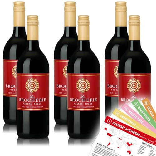La Brocherie Pascal Rouge, halbtrocken, sortenreines Weinpaket + VINOX Winecards (6x1,0l)