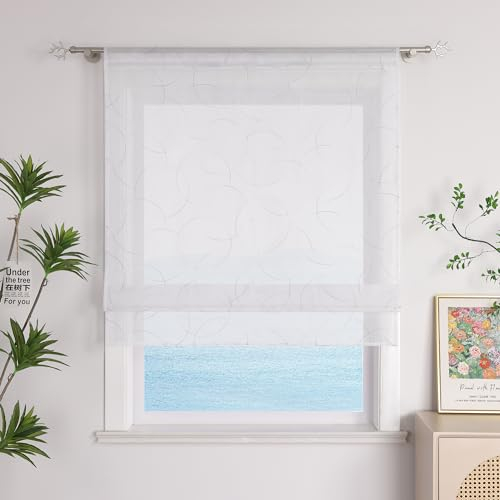 ESLIR Raffrollo mit Tunnelzug Modern Gardinen Küche Bestickt Raffgardinen Voile Transparent Bändchenrollo mit Stickerei in Kreis-Muster Grau BxH 80x140cm 1 Stück