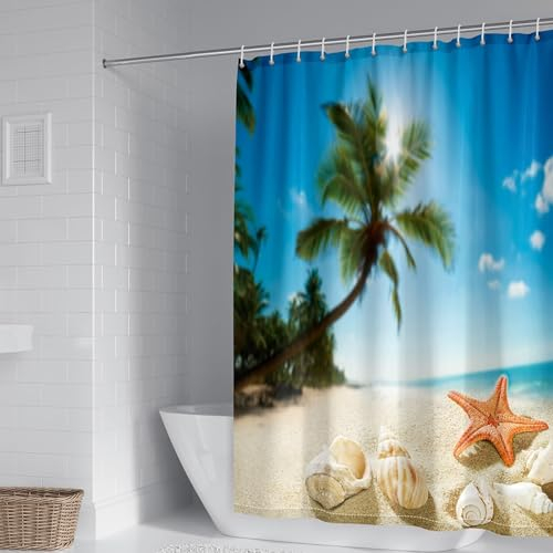 Homxi Duschvorhang mit Ösen,200 W x 200 H cm,Badewannevorhang Blau Grün Beige Strandmuschel Seestern Duschvorhang Polyester Duschvorhangringe