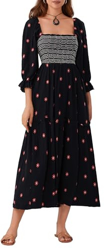 Acrawnni Women's Flower Embroidered Maxi Dress Long Puff Sleeve Square Neck Smocked Tiered Bohemian Flowy Dress Beach Long Dress